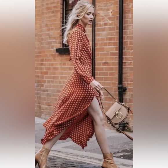 Topshop Dresses & Skirts - Topshop Horse Coin Print Long Sleeve‎ Midi Dress Coral Womens US 6 UK 10 EUC!